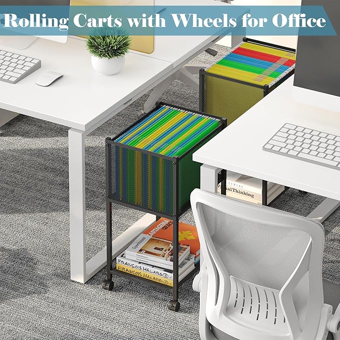 Sbanmao Letter/Legal Rolling File Cart, Narrow Mobile File Cabinet with Wheels Hanging Files, Metal Hanging File Folder Cart File Organizer Under Desk Storage for Home Office, Black