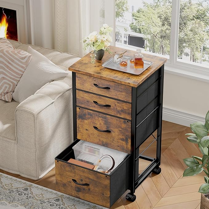 4 Drawers Mobile File Cabinet Vertical Filing Cabinet with Fabric Drawer Fits A4/Letter Size Printer Stand for Home Office，Rustic Brown