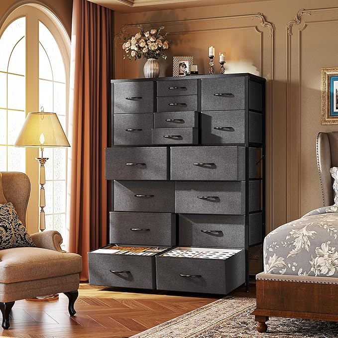 Romorgniz 57“H Dresser for Bedroom with Drawers,Fabric Dressers & Chests of Drawers for Bedroom,Large Dresser, Sturdy Metal Frame & Wood Top,Entryway, Hallway(Grey)