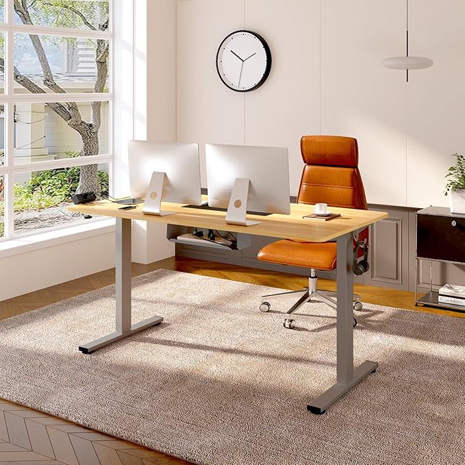 FLEXISPOT EN2 Whole-Piece Standing Desk with Clamp Power Strip, 60 x 24 Electric Stand Up Height Adjustable Desk with Cable Management (Gray Frame + 60" Maple Top, 2 Packages)