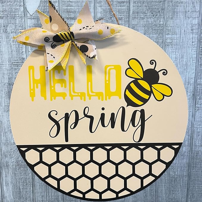 Wood front door sign Wood sign Home decor Welcome sign Sign for front door House warming gift Wedding gift (Spring Bee-UV010(NC) P002, 18" Width)