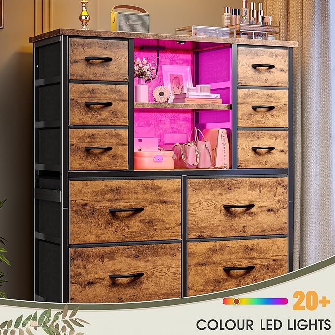 EnHomee Dresser for Bedroom with Fabric Dresser, Charging Station & LED Light, Large Chest of Drawers for Living Room, Entryway, Metal Frame, Rustic Brown, 50.6" H x 37.8" W x 11.8" D