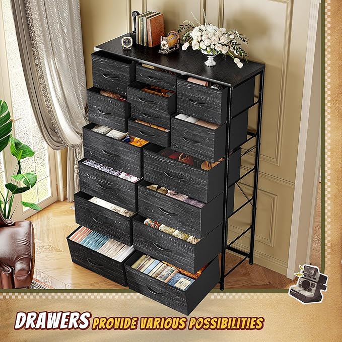 Romorgniz 57“H Dresser for Bedroom with Drawers, Fabric Dressers & Chests of Drawers, Large Black Dresser with Sturdy Metal Frame, Wood Top,Entryway, Hallway