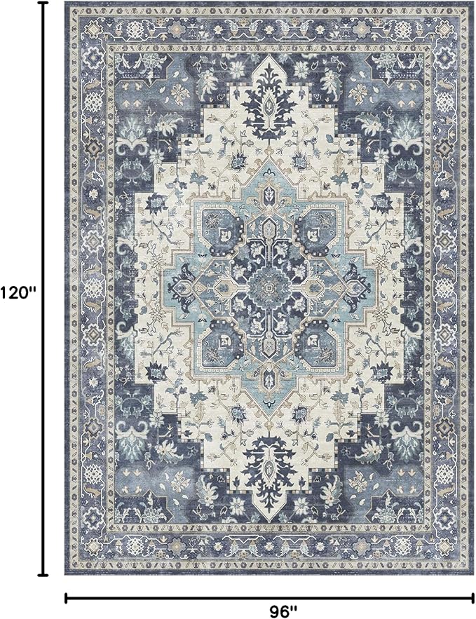 GENIMO 8x10 Area Rugs for Living Room, Machine Washable Non Slip Vintage Rugs, Low Pile Lightweight Chenille Print Rug for Bedroom, Dining Room, Home Office, Center Blue