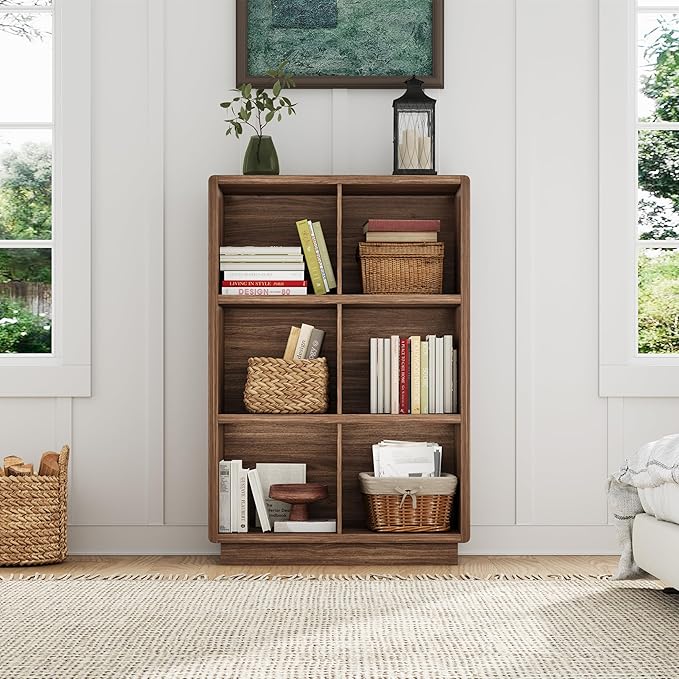 ChooChoo 3-Tier Bookshelf, 6 Cube Storage Organizer, Wooden Bookcase with Storage, Cube Storage Bookshelf for Bedroom and Home Office, Brown Walnut