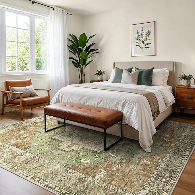 GENIMO 8x10 Area Rugs for Living Room, Machine Washable Rug, Non Slip Indoor Vintage Rug, Low Pile Lightweight Chenille Print Carpet for Bedroom Dining Room Home Office, Muted Green Brown