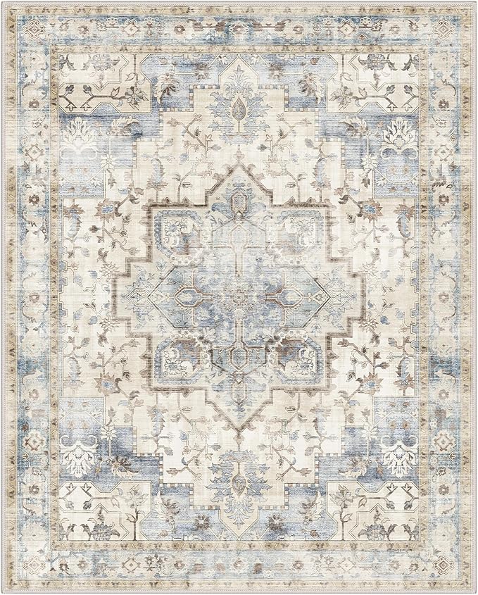GENIMO 8x10 Area Rugs for Living Room, Machine Washable Rug, Non Slip Indoor Vintage Rug, Low Pile Lightweight Chenille Print Carpet for Bedroom Dining Room Home Office, Mint Sage