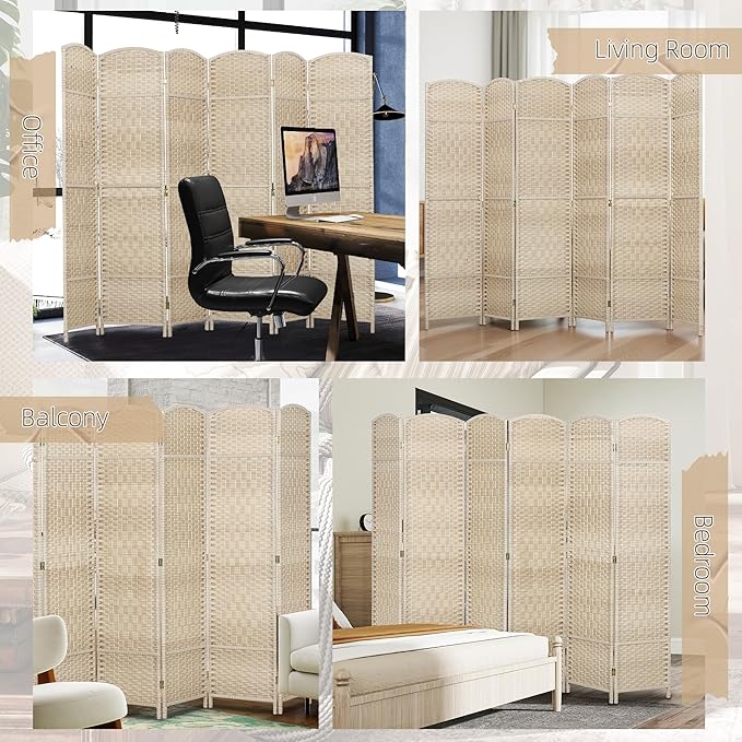 HOMCOM 6 Panel Room Divider, 6' Tall Folding Privacy Screen, Hand-Woven Freestanding Wall Partition for Home Office, Bedroom, Washed Oak