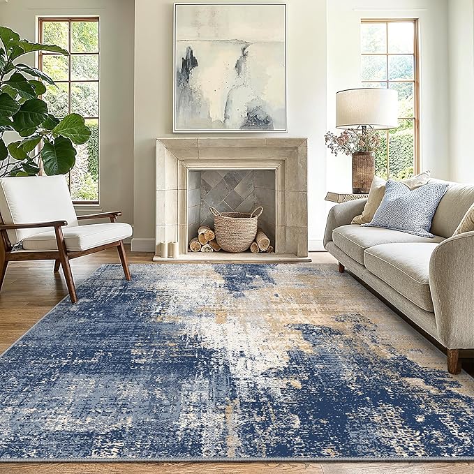 GENIMO Washable Area Rugs for Living Room, 8x10 Modern Non Slip Rugs, Low Pile Lightweight Soft Print Rug for Bedroom, Dining Room, Home Office, Washed Navy Blue