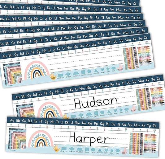 Desk Name Tags for Classroom -25 Student Name Plates for Classroom Kindergarten, Preschool, 1st, 2nd & 3rd Grade, 13x3 Teacher Nameplates for Student Desks, Boho Nametags