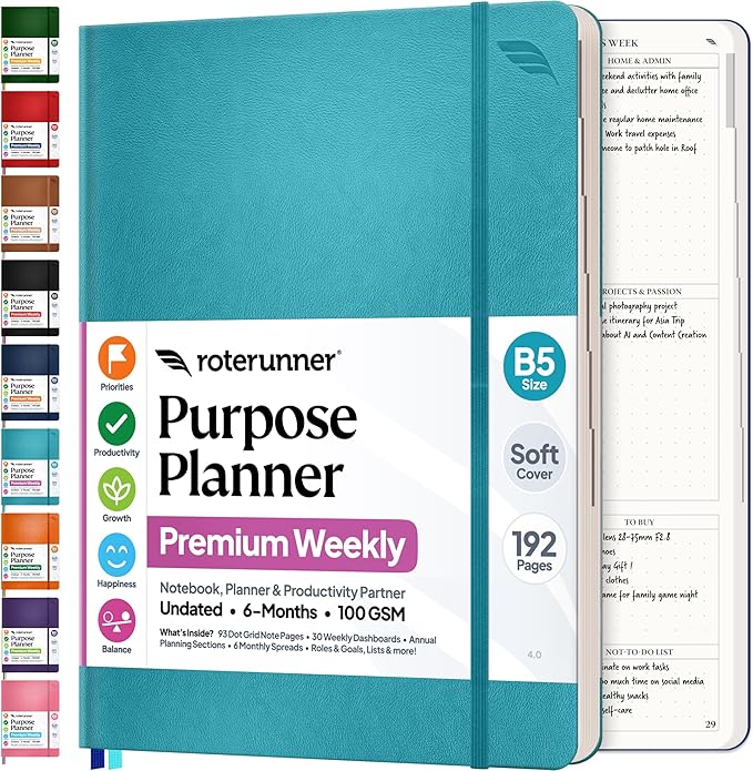 Roterunner Purpose Planner Notebook B5 7.5”x9.8” Undated 2026 Daily Weekly and Monthly Productivity Goal Setting Tool for Work Home ADHD Planner for Adults Self Care Journal