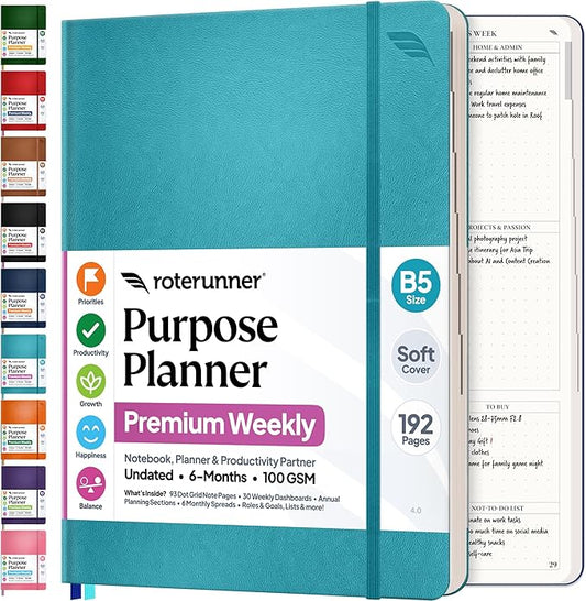 Roterunner Purpose Planner Notebook B5 7.5”x9.8” Undated 2026 Daily Weekly and Monthly Productivity Goal Setting Tool for Work Home ADHD Planner for Adults Self Care Journal