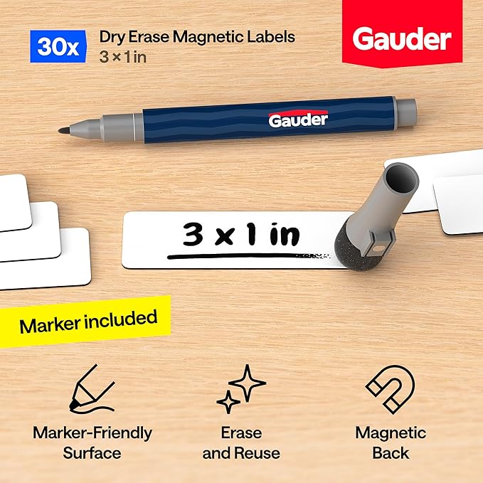 GAUDER Magnetic Dry Erase Labels | 30x Magnetic Labels (3 Inches x 1 Inch) | Dry Erase Magnets for Classroom, Whiteboard and Blackboard