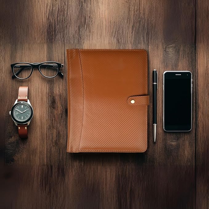 LEATHER VILLAGE Portfolio Professional Organizer – Carbon Fiber Genuine Leather Padfolio Resume Folder for A4 Letter Pad with Pen Holder, Business Card Slots & Writing Pad – Ideal for Men & Women-Tan