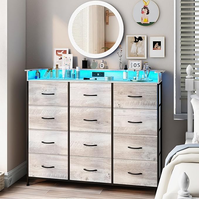 Welfuturer Dresser for Bedroom with 12 Drawers LED Dressers & Chests of Drawers Charging Station Fabric Dresser Storage Organizer Unit for Hallway Entryway Closets Sturdy Steel Frame Wood Top Gray