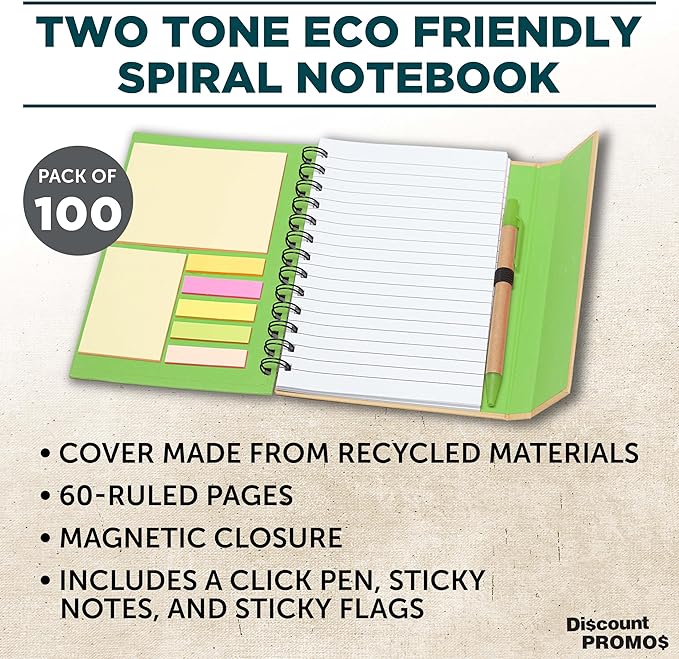 DISCOUNT PROMOS Custom Eco Friendly Spiral Notebooks with Pens Set of 100, Personalized Bulk Pack - Perfect for School, Office, Home - Green