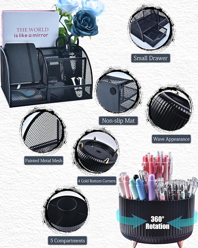 LXEVIHK 20Pcs Black Desk Organizers and Accessories With Mesh Desk Organizer and 360°Rotating Pen Holder and a Lot of Office Black Office Supplies Beautifully Presented in a Gift Box