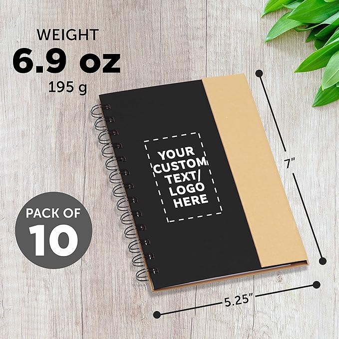 DISCOUNT PROMOS Custom Eco Friendly Spiral Notebooks with Pens Set of 10, Personalized Bulk Pack - Perfect for School, Office, Home - Black