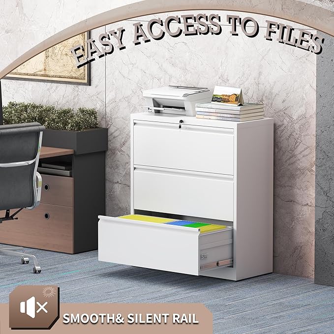 mysteeldepot 3 Drawer Lateral File Cabinet with Lock, Metal File Cabinet, Lateral File Cabinets for Home Office, Heavy Duty File Storage Cabinet for Legal/Letter/A4 Document, Assembly Required, White