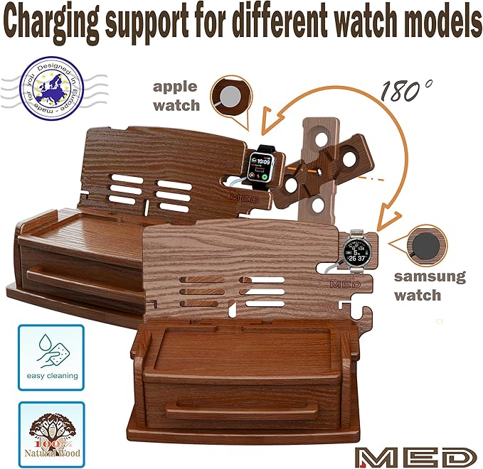MED Wood Phone Docking Station – Nightstand Desk Organizer for Phone, Watch, Wallet & Tablet – Gift for Men, Husband, Dad & Women – Wooden Charging Stand (Dark Walnut, Model 3)