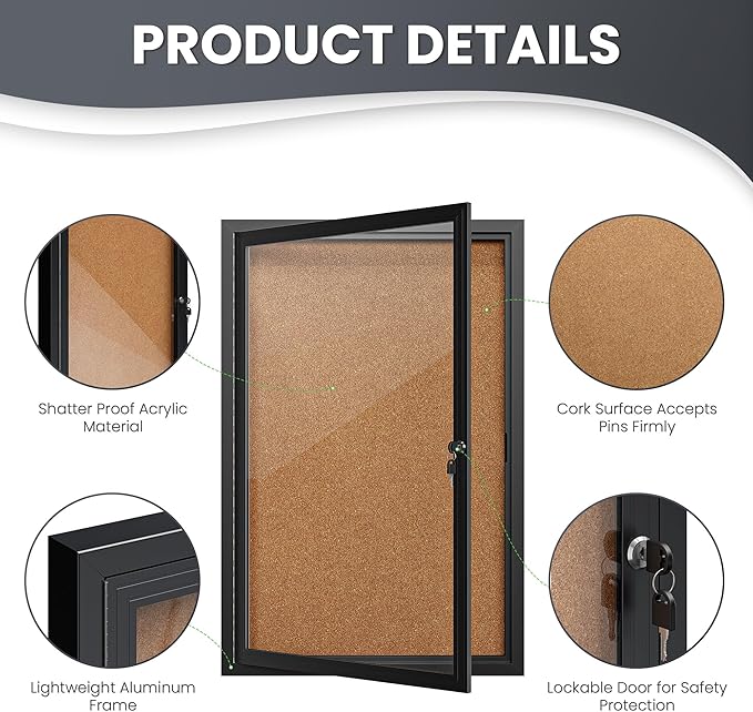 36"x24" Lockable Enclosed Bulletin Board, Outdoor Cork Weather-Resistant Aluminum Frame Notice Board, Wall Mounted Display Case Acrylic Doors for School,Office,Black Frame w/Cork