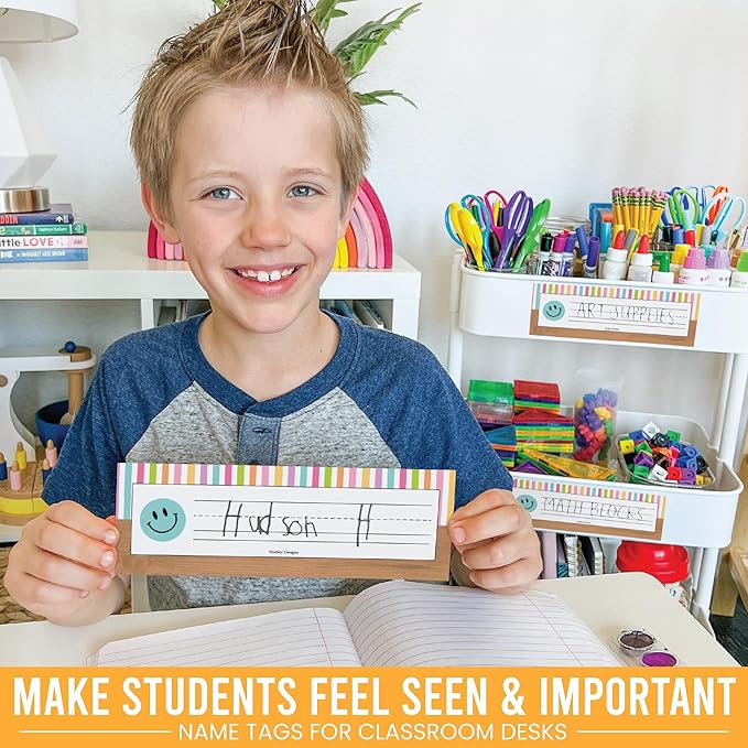 Desk Name Tags for Classroom -25 Student Name Plates for Classroom Kindergarten, Preschool, 1st, 2nd & 3rd Grade, 9x3 Teacher Nameplates for Student Desks & Cubbies, Smiley Nametags