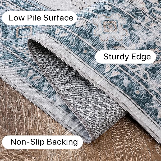 GENIMO 8x10 Area Rugs for Living Room, Machine Washable Non Slip Vintage Rugs, Low Pile Lightweigt Chenille Print Indoor Rug for Bedroom, Dining Room, Home Office, Blue