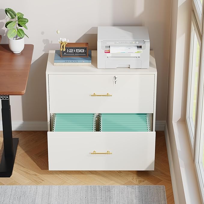 GFGWXW 2 Drawer Lateral File Cabinet with Lock, Suitable for Letter/A4/F4/Legal Size Hanging Files,Large Wood Filing Storage Cabinets Printer Stand for Home Office,White