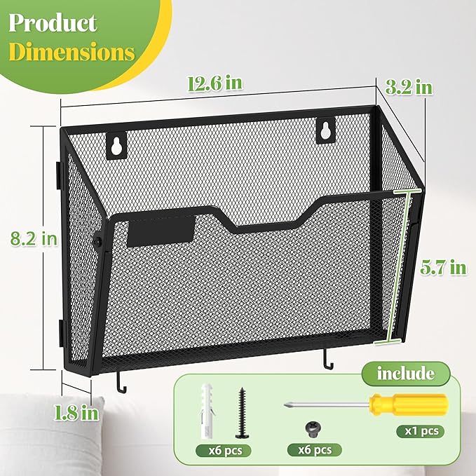 YINGHUA 3 Pack Mesh File Holders Wall Mounted - Durable Metal Hanging Organizer with Hooks - 12.6 Inch Vertical Wall Baskets for Mail Papers Office Home and School Storage - Black