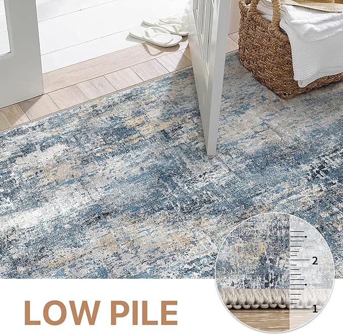 GENIMO Washable Area Rugs for Living Room, 8x10 Modern Non Slip Rugs, Low Pile Lightweight Soft Print Rug for Bedroom, Dining Room, Home Office, Washed Royal Blue