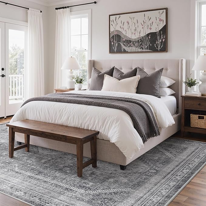 GENIMO 8x10 Area Rugs for Living Room, Machine Washable Non Slip Rugs, Low Pile Lightweight Print Rug for Bedroom, Dining Room, Home Office, Vintage Grey