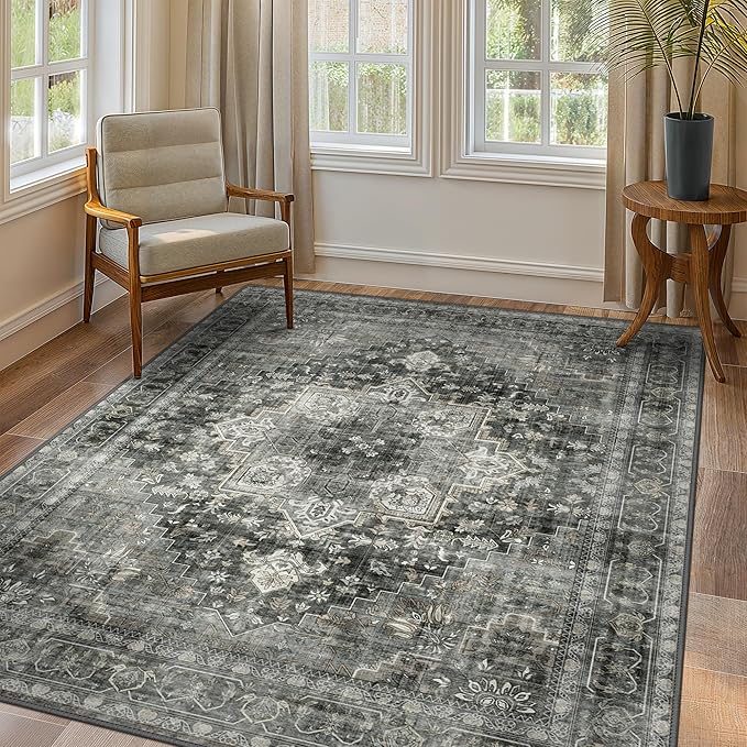 GENIMO 8x10 Area Rugs for Living Room, Machine Washable Non Slip Vintage Rugs, Low Pile Lightweight Chenille Print Rug for Bedroom, Dining Room, Home Office, Charcoal Gray