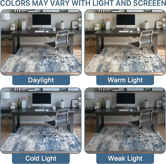 Office Chair Mat for Hardwood Tile Floor, Abstract 36"X 48" Desk Mats for Office Chair on Rolling Chairs Carpet, Desk Anti-Slip 1/5" Thick Rug for Computer Chair, Thin Low-Pile Floor Mat, Navy Beige