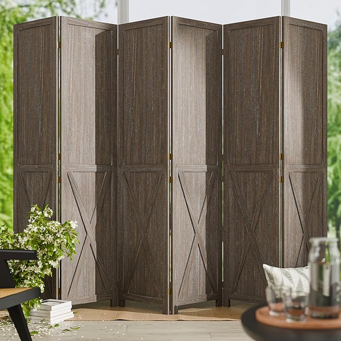 Cozy Castle Wood Room Divider, 6 Panels Folding Privacy Screen, 66.9'' Wall Divider, Barnwood Room Separator, Freestanding Partition, Temporary Wall for Decorative, Rustic Brown