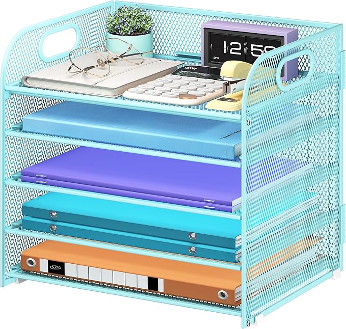 Cawukege 5 Tier Paper Organizer with Handle, Metal Mesh Desk Organizer File Folder Paper Letter Tray Desktop Document Sorter for Classroom, School, Office Accessories Organization and Storage - Blue