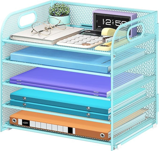 Cawukege 5 Tier Paper Organizer with Handle, Metal Mesh Desk Organizer File Folder Paper Letter Tray Desktop Document Sorter for Classroom, School, Office Accessories Organization and Storage - Blue