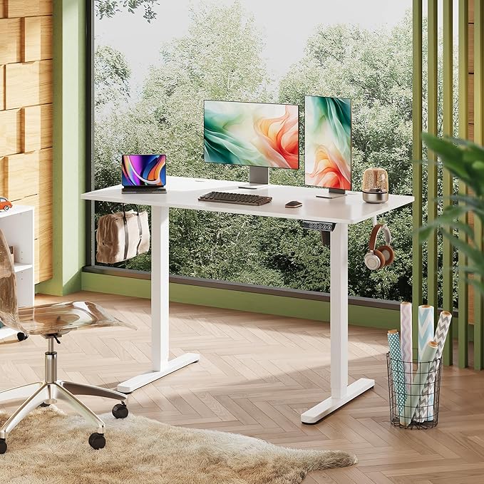 DEVAISE 48 x 24 Inch Standing Desk, Whole-Piece Electric Standing Desk with Adjustable Height, 3-Preset Memory Sit Stand up Desk, One Piece Desktop Computer Desk for Home, Office (White)