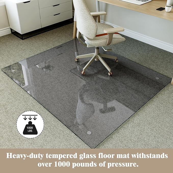 Koonmi Tempered Glass Chair Mat for Hardwood Floors & Carpets, 46" x 55“ Grey Heavy Duty Office Floor Protector, Scratch & Dust Concealing, Noise-Free for Home Office Desk