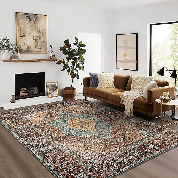 GENIMO 4x6 Area Rugs for Living Room, Machine Washable Rug, Non Slip Vintage Rugs, Low Pile Lightweight Chenille Print Rug for Bedroom, Dining Room, Home Office, Vintage Brown/Blue