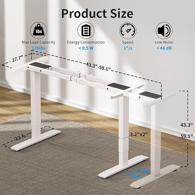 BIZUM Dual Motor Electric Standing Desk Frame with Memory Controller, Computer Memory Desk Adjustable Table Legs Up to 47.2" for Home Office, Reg White