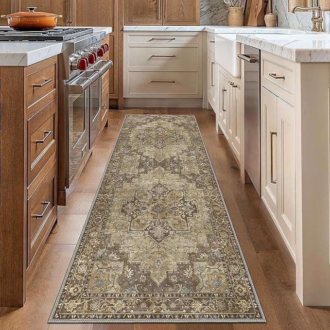 GENIMO 2x6 Runner Rugs for Hallway, Machine Washable Non Slip Vintage Rugs, Low Pile Lightweight Soft Print Rug for enrtyway, Corridor, Home Office, Kitchen, Rustic Brown