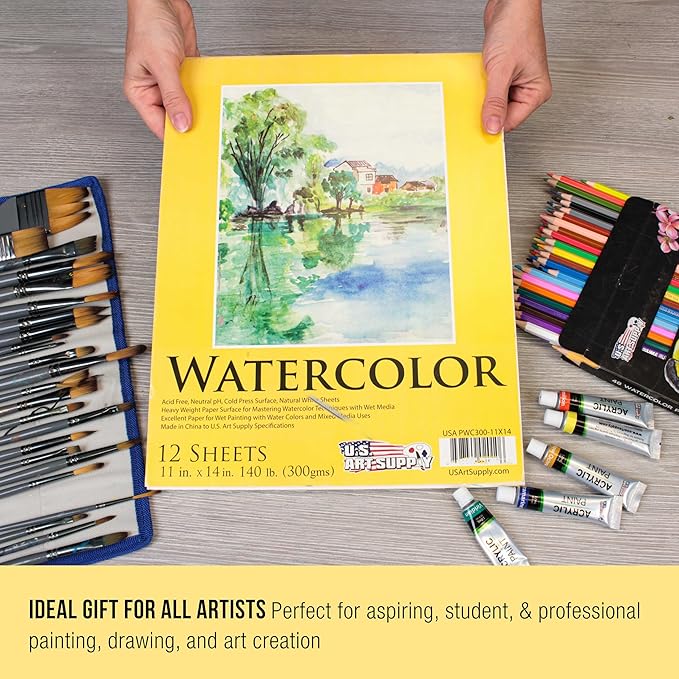 U.S. Art Supply 12" x 16" Premium Heavyweight Watercolor Paper Pad, Pack of 2 (12 Sheets Each), 140lb (300gsm) - Cold Pressed, Acid-Free, Wet, Water Color Paper - for Artists, Students