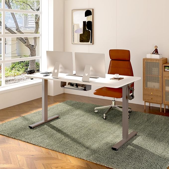 FLEXISPOT EN2 Whole-Piece Standing Desk with Clamp Power Strip, 55 x 28 Electric Stand Up Height Adjustable Desk with Cable Management (Gray Frame + 55" White Top, 2 Packages)