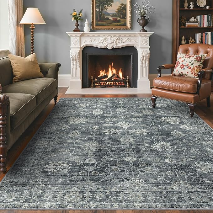 GENIMO 8x10 Area Rugs for Living Room, Machine Washable Non Slip Vintage Rugs, Low Pile Lightweight Chenille Print Rug for Bedroom, Dining Room, Home Office, Ashen Taupe