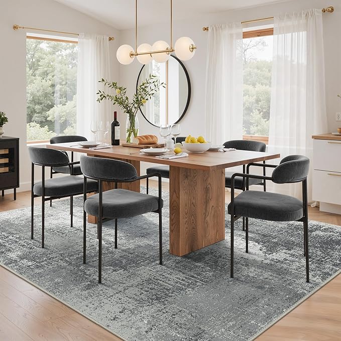 GENIMO Washable Area Rugs for Living Room, 8x10 Modern Non Slip Rugs, Low Pile Lightweight Soft Print Rug for Bedroom, Dining Room, Home Office, Washed Ink Grey White