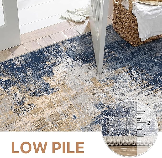 GENIMO Washable Area Rugs for Living Room, 8x10 Modern Non Slip Rugs, Low Pile Lightweight Soft Print Rug for Bedroom, Dining Room, Home Office, Washed Navy Blue