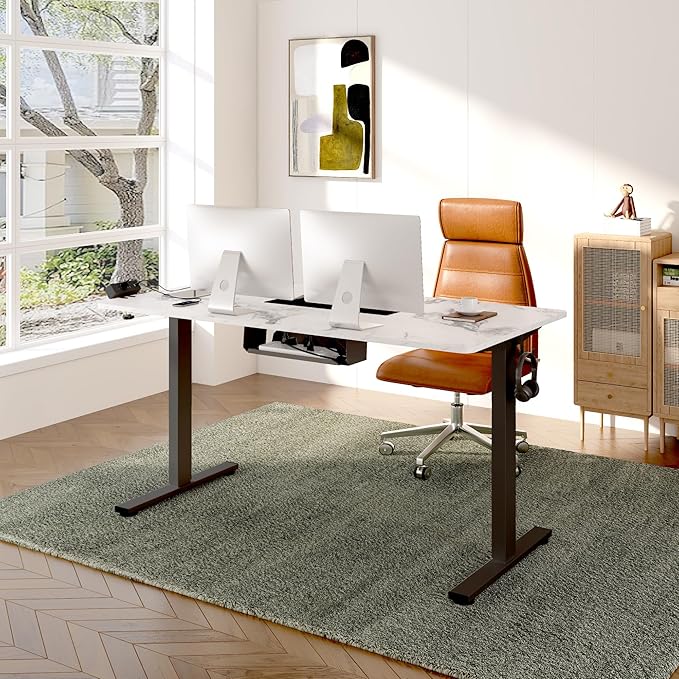 FLEXISPOT EN2 Whole-Piece Standing Desk with Clamp Power Strip, 55 x 28 Electric Stand Up Height Adjustable Desk with Cable Management (Black Frame + 55" Marble Grey Top, 2 Packages)