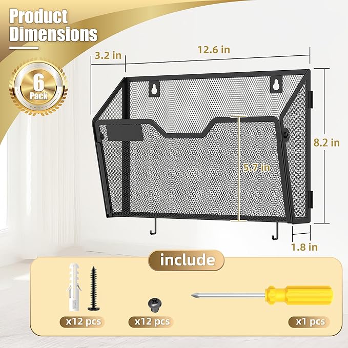 Docnest 6 Pack Hanging Wall File Holders, Mesh Wall Letter File Holder, Wall Mounted Mail Paper Document Folder Holder with Hooks for Office, Home, School, Black
