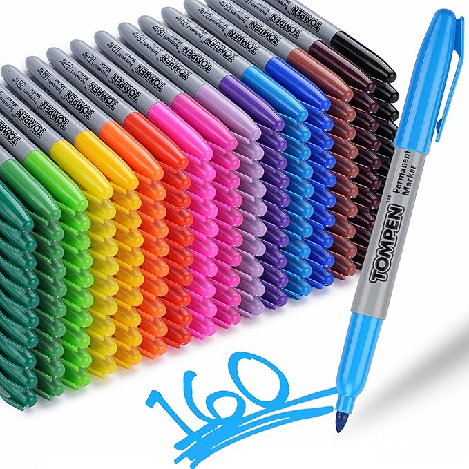 Tompen Permanent Markers,Fine Tip,160 Pack Bulk,16 Assorted Multicolor Colors,Waterproof Permanent Marker with Quick Drying on Valentine's Day card Wood,Plastic,Paper,Metal for Office School Classroom