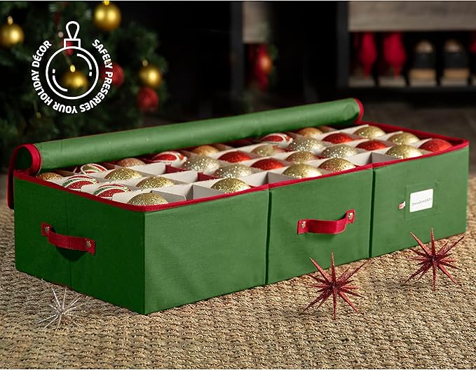 ZOBER Underbed Christmas Ornament Storage Box - Stores 72 Large 4" Ornaments, With Dividers - Tear Proof 600D Oxford Fabric, Ornament Organizer Storage Box, Durable Christmas Containers Holder - Green